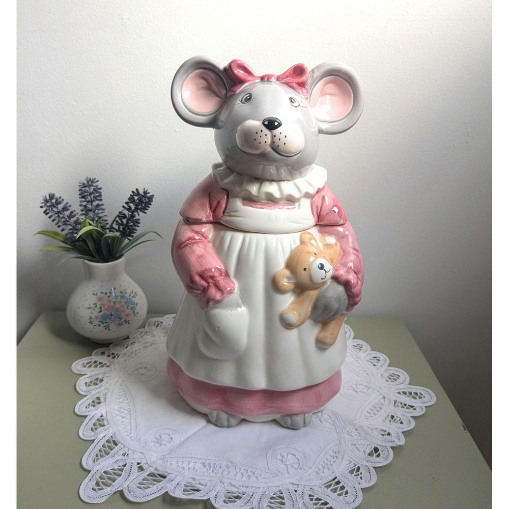 Vintage Ceramic Mouse Cookie Jar Pink Cottagecore Nursery Decor Anthropomorphic
